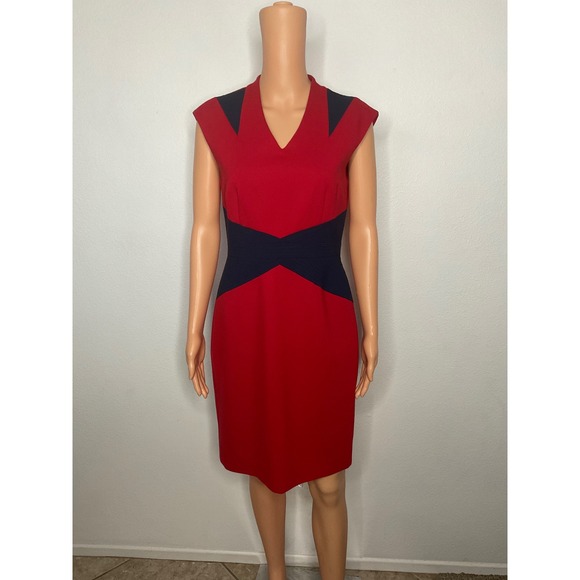 Antonio Melani Red Dress Blue Colorblock V Neck Career Cocktail Party Sheath - Picture 1 of 7